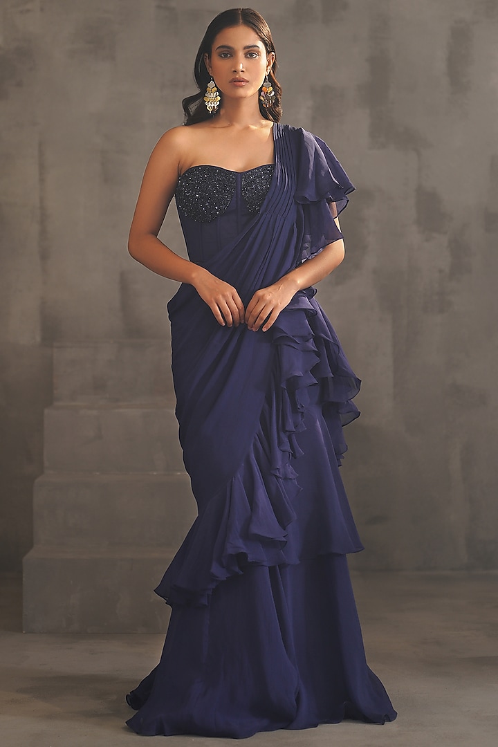 Navy Blue Georgette & Organza Ruffled Stitched Wedding Saree Set by Deepika Chadha at Pernia's Pop Up Shop