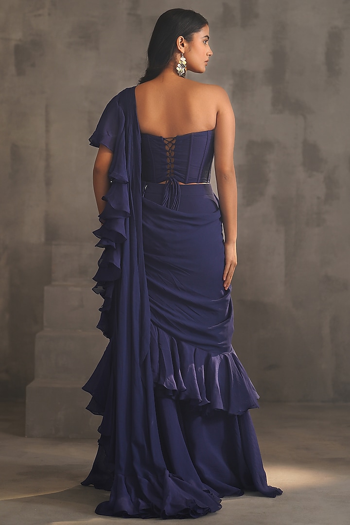 Navy Blue Georgette & Organza Ruffled Stitched Wedding Saree Set by Deepika Chadha at Pernia's Pop Up Shop