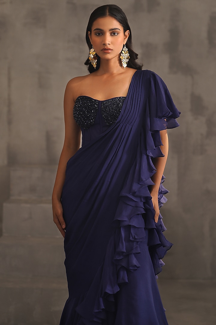 Navy Blue Georgette & Organza Ruffled Stitched Wedding Saree Set by Deepika Chadha at Pernia's Pop Up Shop