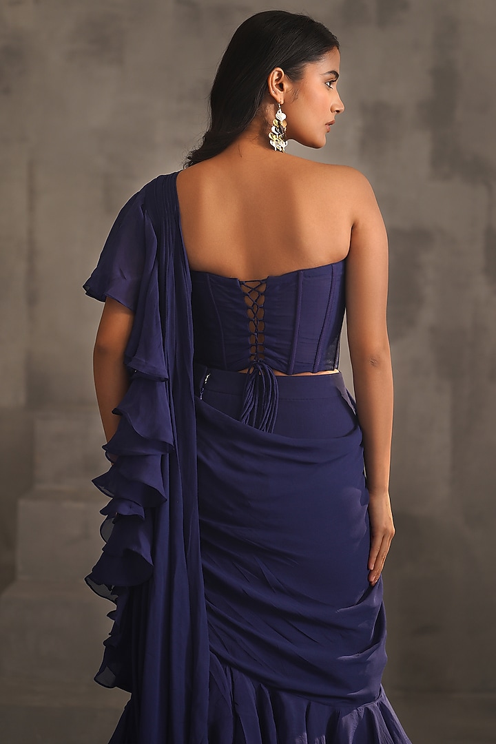 Navy Blue Georgette & Organza Ruffled Stitched Wedding Saree Set by Deepika Chadha at Pernia's Pop Up Shop