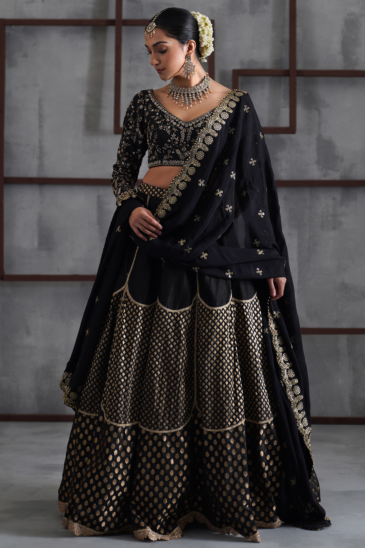 Black & Gold Cosmo Brocade Wedding Lehenga Set by Deepika Chadha at Pernia's Pop Up Shop