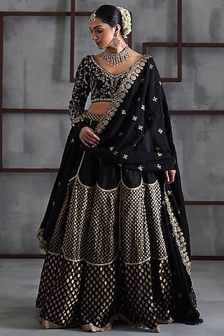 Black & Gold Cosmo Brocade Lehenga Set by Deepika Chadha