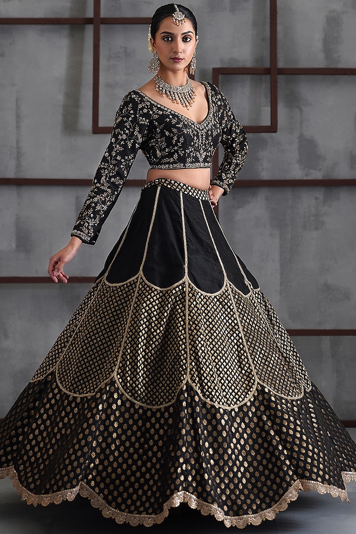 Black & Gold Cosmo Brocade Wedding Lehenga Set by Deepika Chadha at Pernia's Pop Up Shop