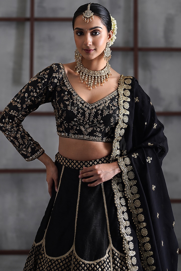 Black & Gold Cosmo Brocade Wedding Lehenga Set by Deepika Chadha at Pernia's Pop Up Shop