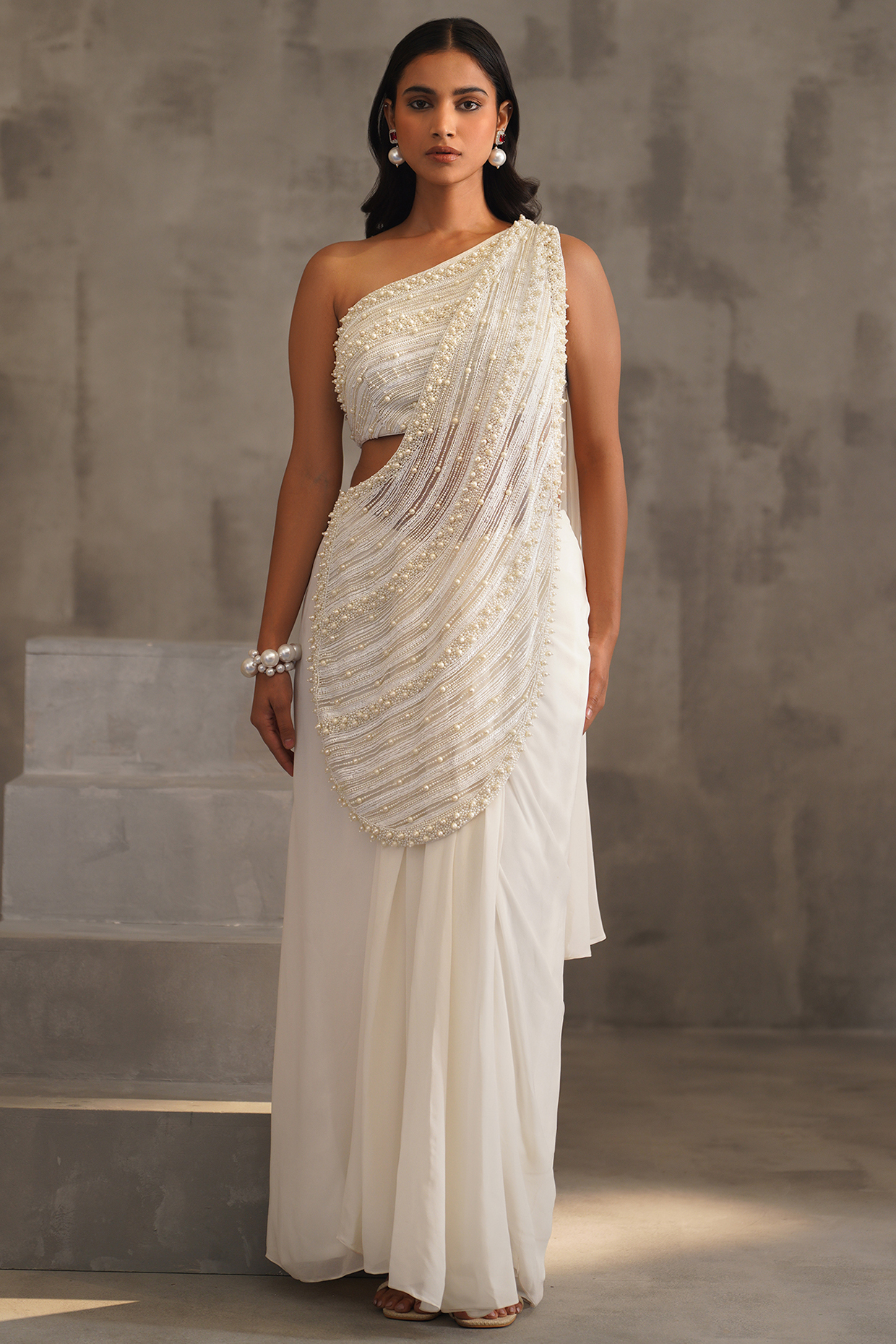 Off-White Georgette Stitched Wedding Saree Set by Deepika Chadha at Pernia's Pop Up Shop