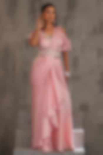 Baby Pink Satin Chiffon Stitched Wedding Saree Set by Deepika Chadha at Pernia's Pop Up Shop