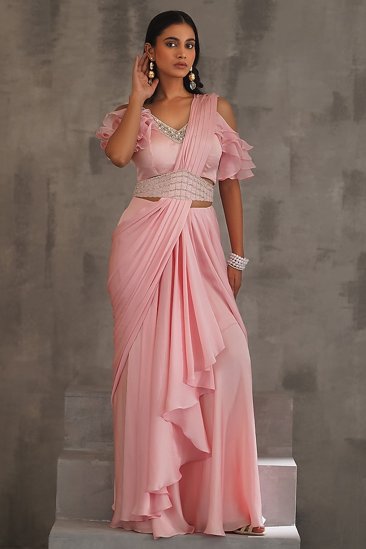Baby Pink Satin Chiffon Stitched Wedding Saree Set by Deepika Chadha at Pernia's Pop Up Shop