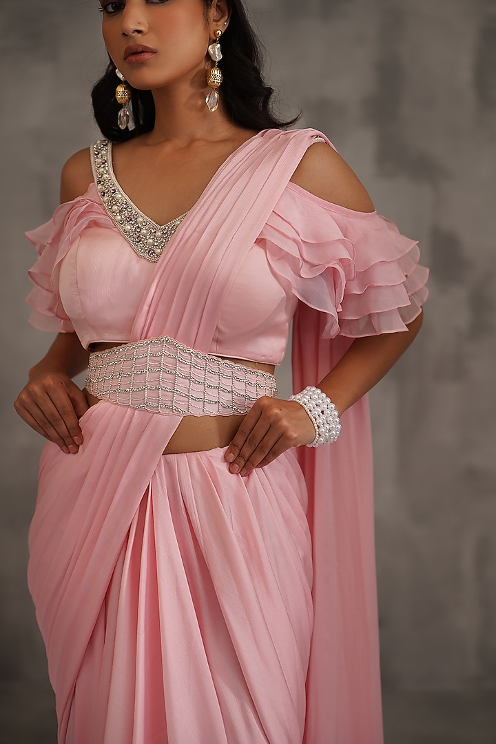 Baby Pink Satin Chiffon Stitched Wedding Saree Set by Deepika Chadha at Pernia's Pop Up Shop