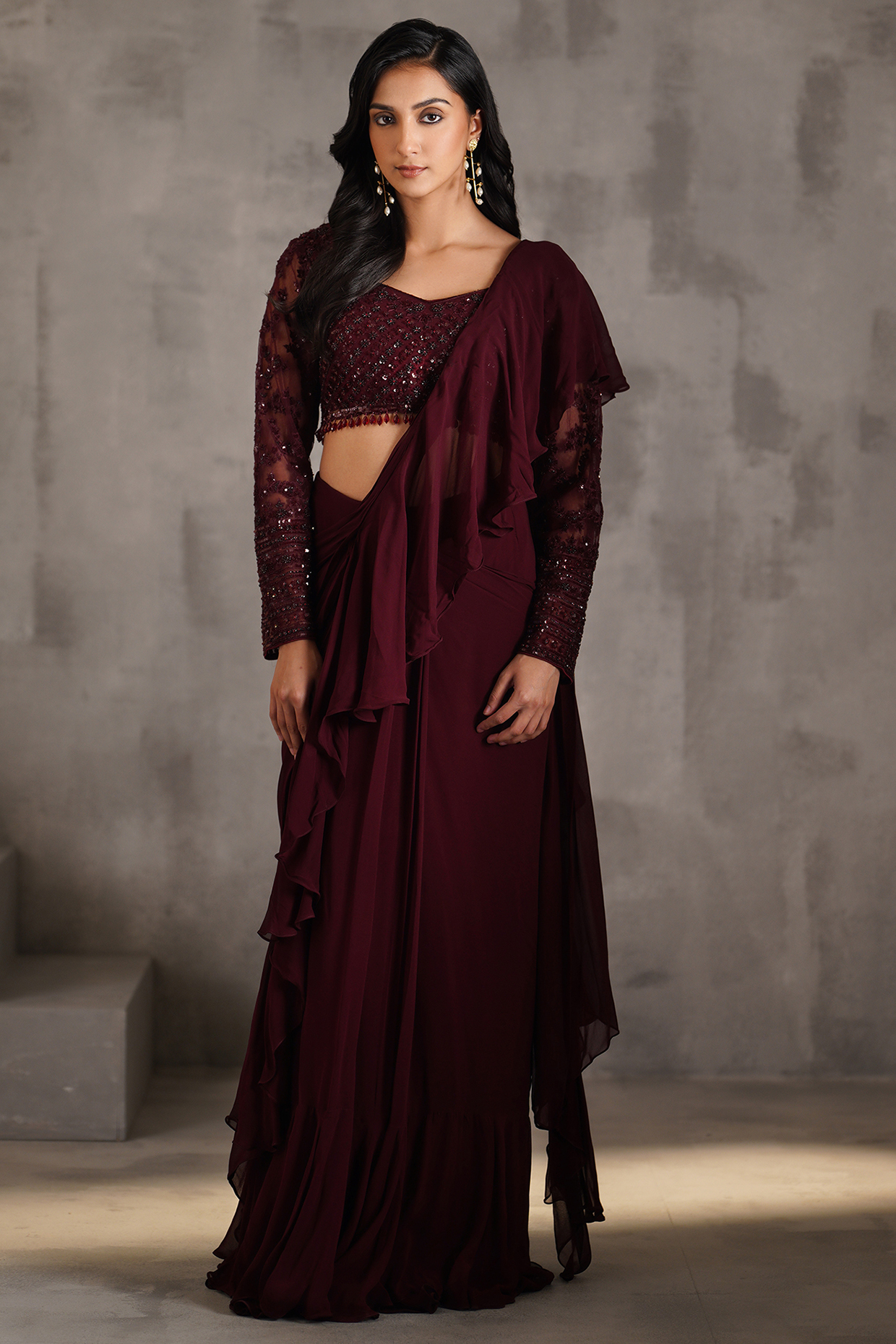 Wine Georgette Ruffled Stitched Wedding Saree Set by Deepika Chadha at Pernia's Pop Up Shop