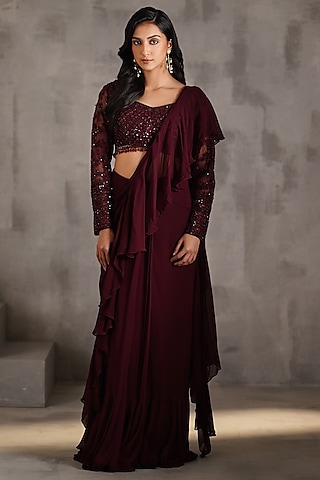 Wine Georgette Ruffled Stitched Saree Set by Deepika Chadha