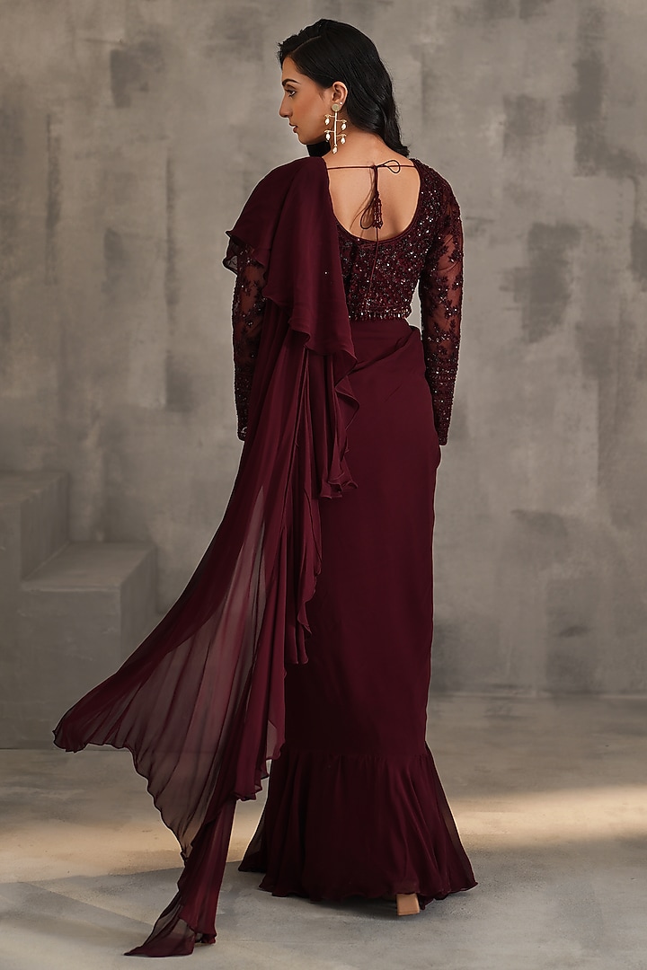 Wine Georgette Ruffled Stitched Wedding Saree Set by Deepika Chadha at Pernia's Pop Up Shop