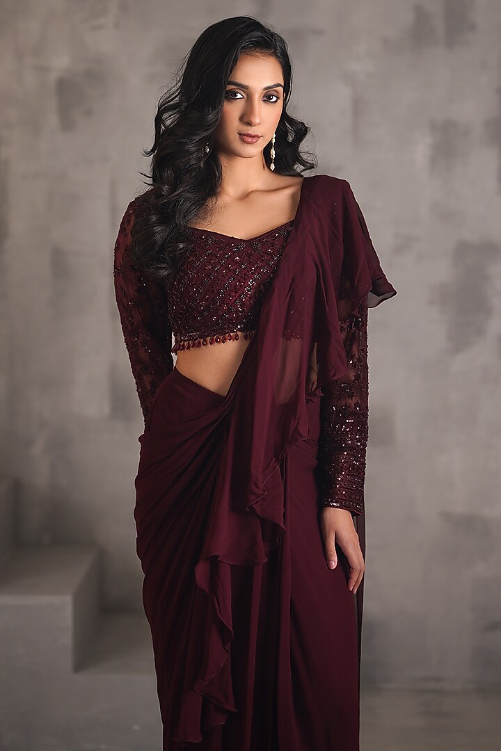 Wine Georgette Ruffled Stitched Wedding Saree Set by Deepika Chadha at Pernia's Pop Up Shop
