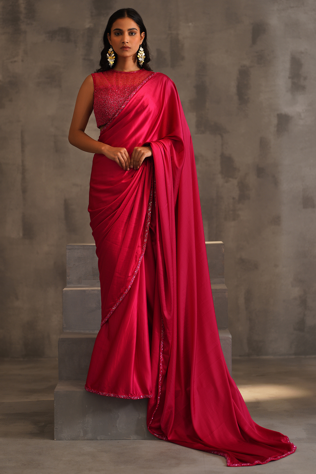 Fuchsia Armani Satin Pre-Pleated Wedding Saree Set by Deepika Chadha at Pernia's Pop Up Shop