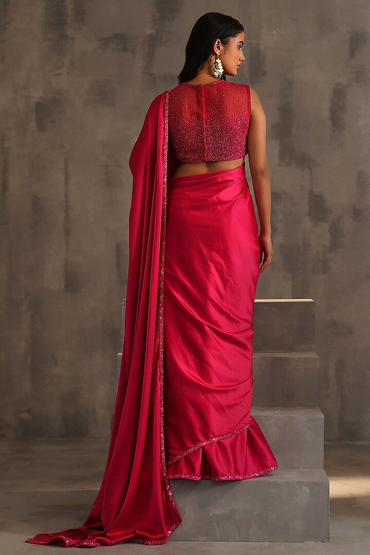 Fuchsia Armani Satin Pre-Pleated Wedding Saree Set by Deepika Chadha at Pernia's Pop Up Shop