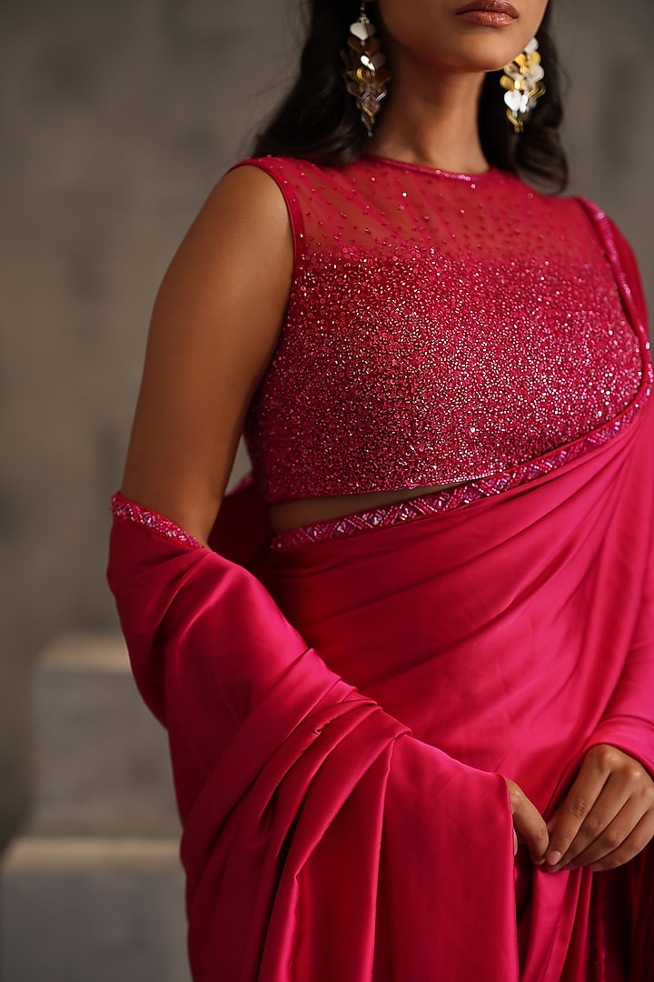 Fuchsia Armani Satin Pre-Pleated Wedding Saree Set by Deepika Chadha at Pernia's Pop Up Shop