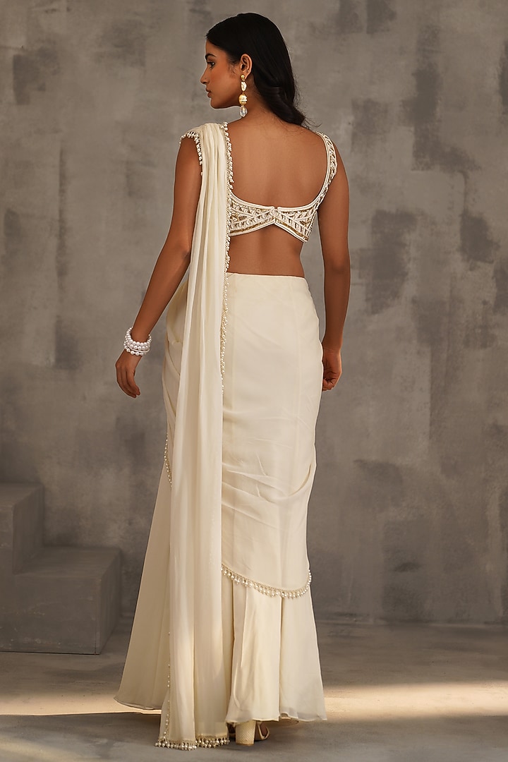 Ivory Georgette Pearl Work Draped Wedding Saree Set by Deepika Chadha at Pernia's Pop Up Shop