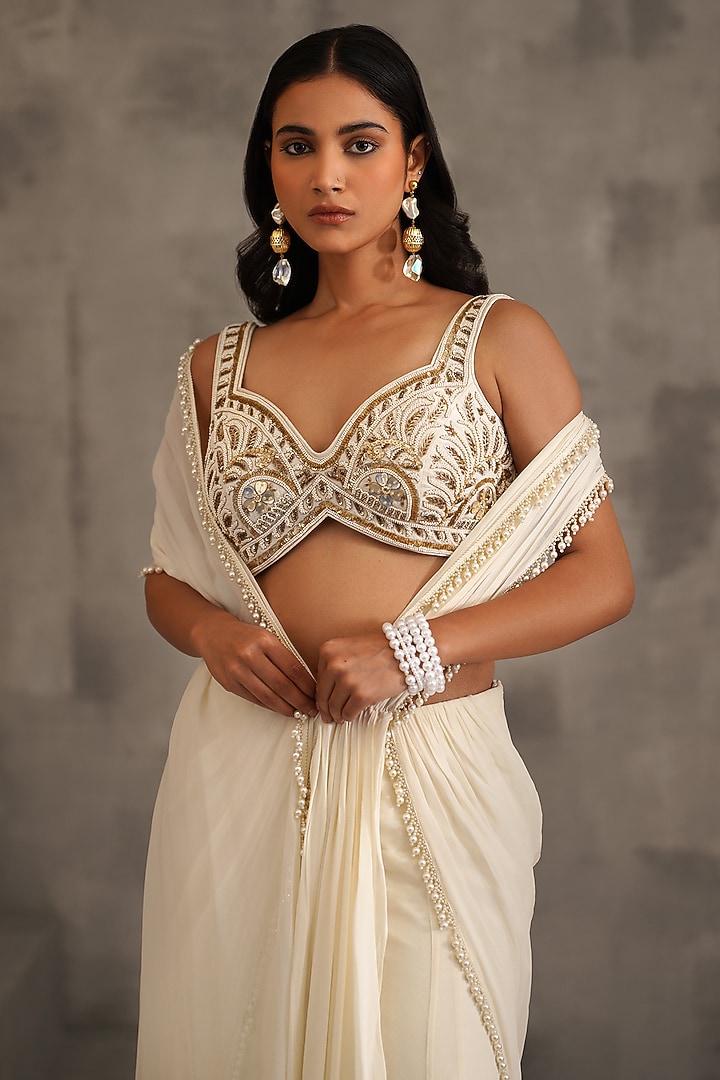 Ivory Georgette Pearl Work Draped Wedding Saree Set by Deepika Chadha at Pernia's Pop Up Shop