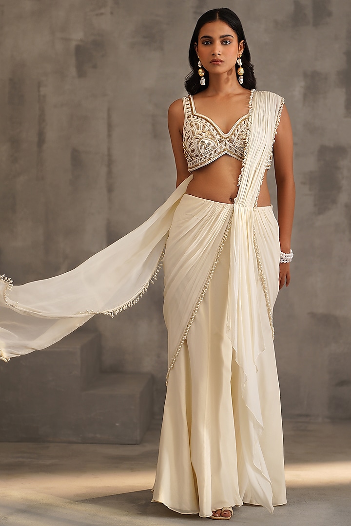 Ivory Georgette Pearl Work Draped Wedding Saree Set by Deepika Chadha at Pernia's Pop Up Shop