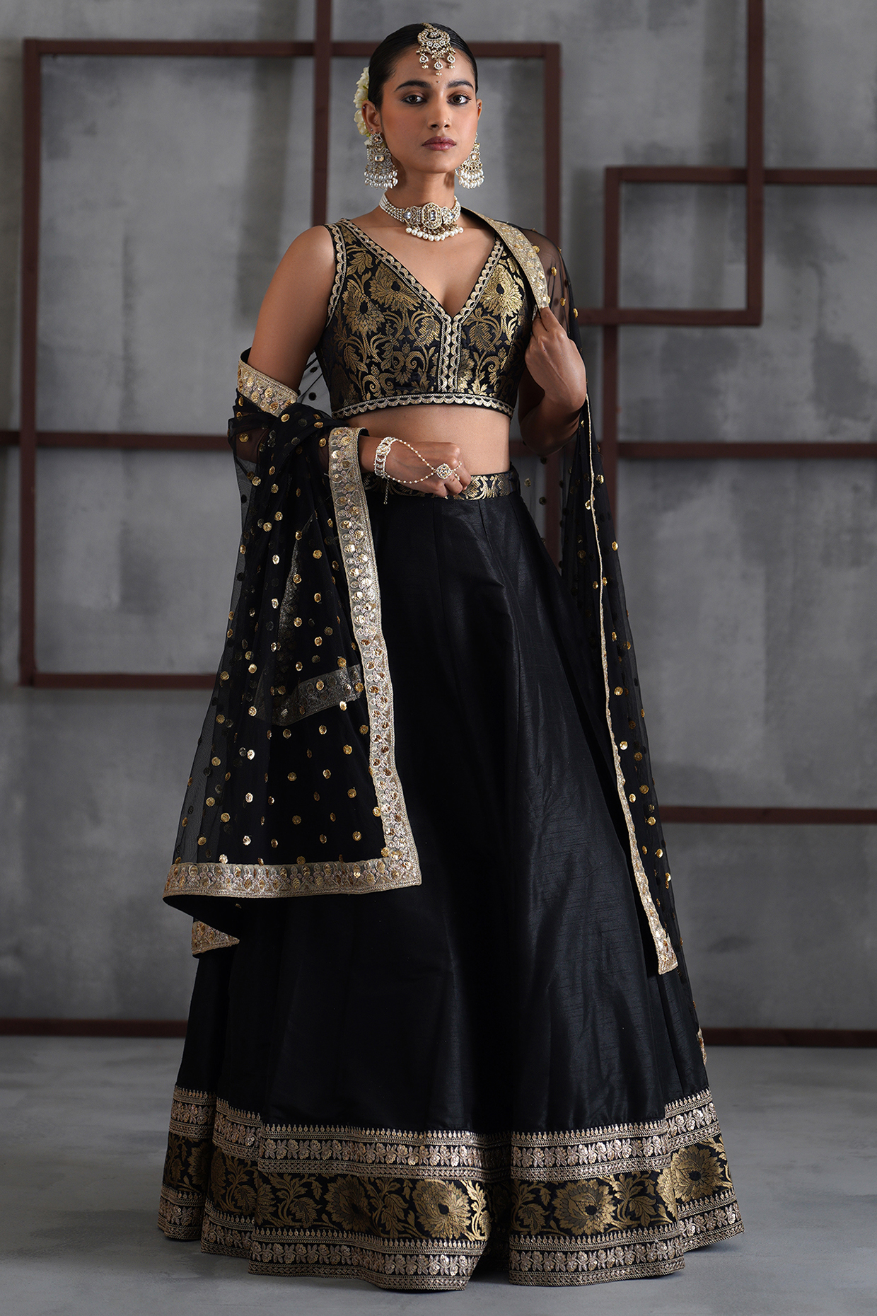 Black & Gold Dupion Silk & Brocade Wedding Lehenga Set by Deepika Chadha at Pernia's Pop Up Shop