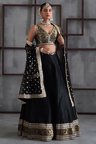 Black & Gold Dupion Silk & Brocade Lehenga Set by Deepika Chadha