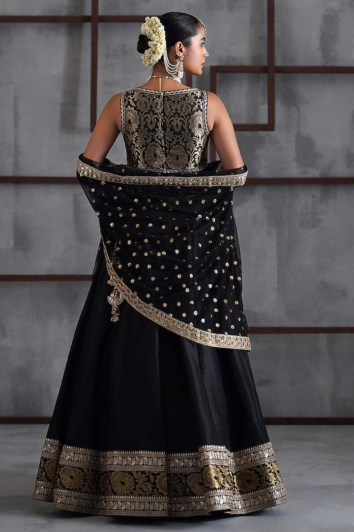 Black & Gold Dupion Silk & Brocade Wedding Lehenga Set by Deepika Chadha at Pernia's Pop Up Shop