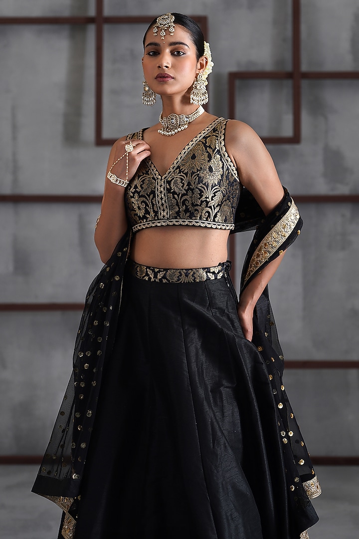 Black & Gold Dupion Silk & Brocade Wedding Lehenga Set by Deepika Chadha at Pernia's Pop Up Shop