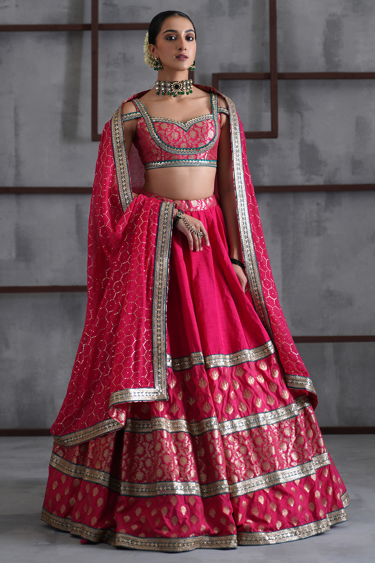 Hot Pink Dupion Silk & Brocade Wedding Lehenga Set by Deepika Chadha at Pernia's Pop Up Shop