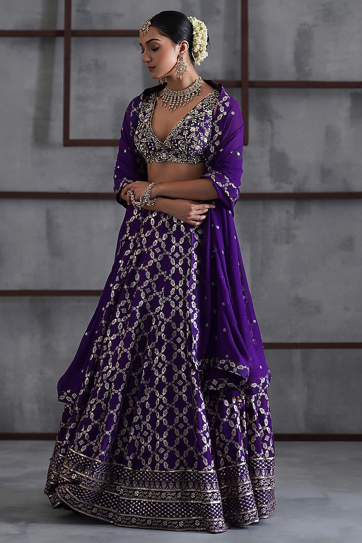 Purple & Gold Banarasi Brocade Wedding Lehenga Set by Deepika Chadha at Pernia's Pop Up Shop