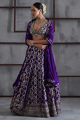 Purple & Gold Banarasi Brocade Lehenga Set by Deepika Chadha