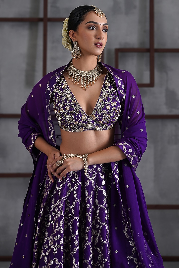 Purple & Gold Banarasi Brocade Wedding Lehenga Set by Deepika Chadha at Pernia's Pop Up Shop