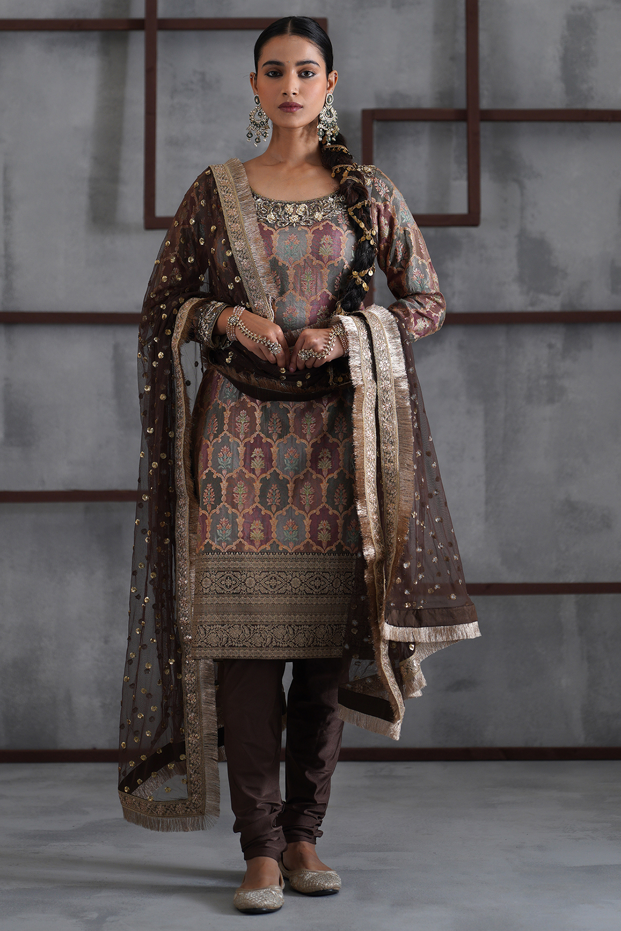 Brown Brocade Zari Embroidered Kurta Set by Deepika Chadha at Pernia's Pop Up Shop