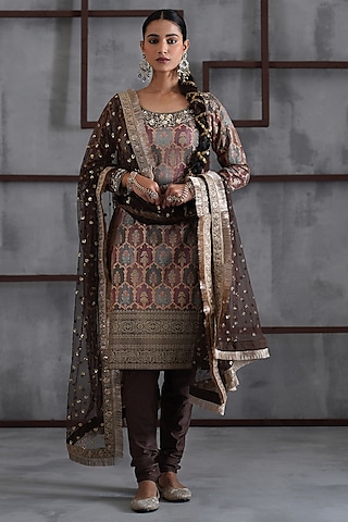 Brown Brocade Zari Embroidered Kurta Set by Deepika Chadha