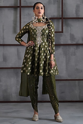 Olive Green Banarasi Brocade Zari Embroidered Kurta Set by Deepika Chadha