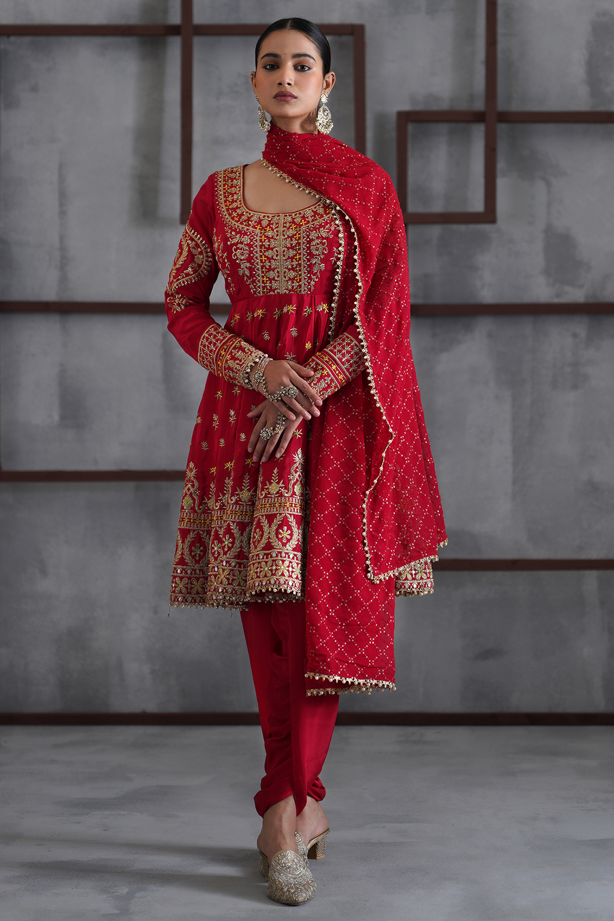 Red & Gold Crepe Zari Embroidered Wedding Anarkali Set by Deepika Chadha at Pernia's Pop Up Shop