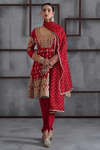 Red & Gold Crepe Zari Embroidered Anarkali Set by Deepika Chadha