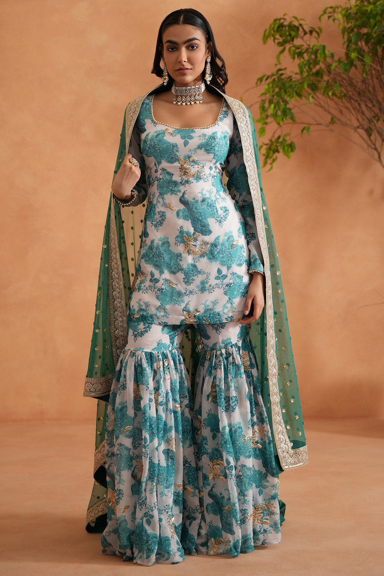 Teal Blue Georgette Printed Gharara Set by Deepika Chadha at Pernia's Pop Up Shop