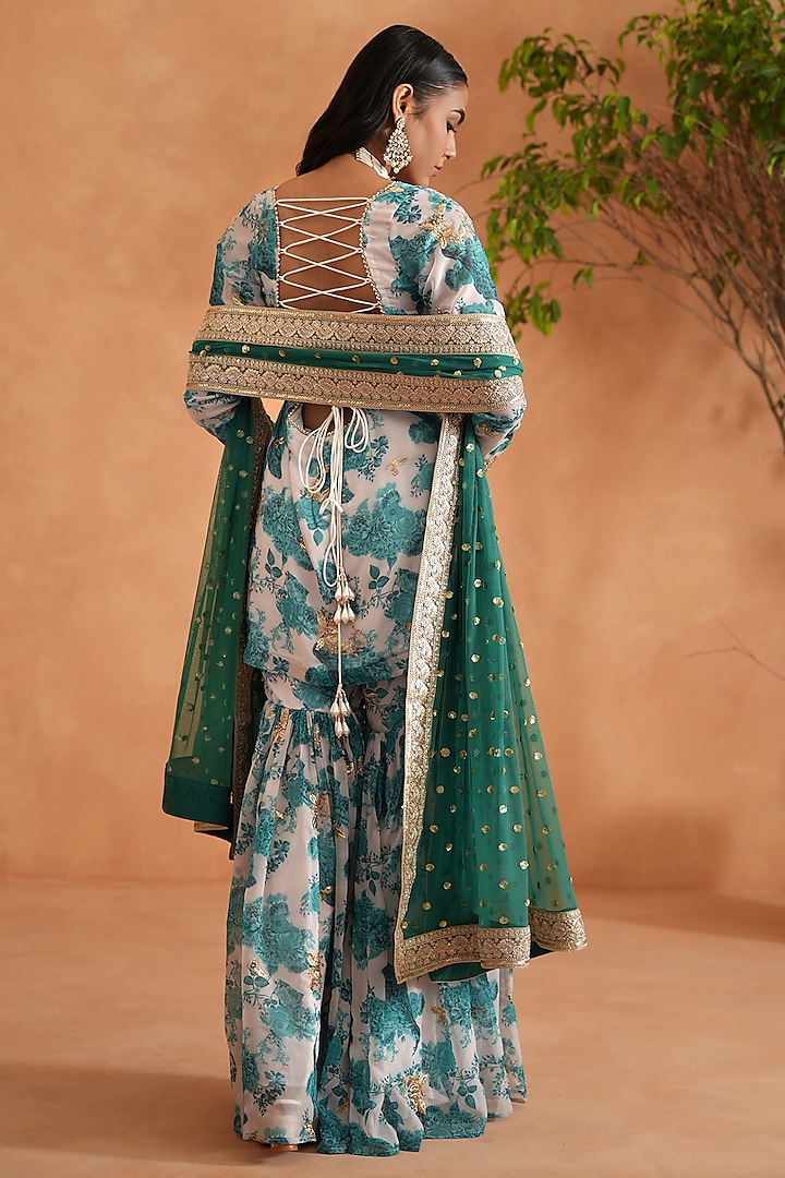 Teal Blue Georgette Printed Gharara Set by Deepika Chadha at Pernia's Pop Up Shop