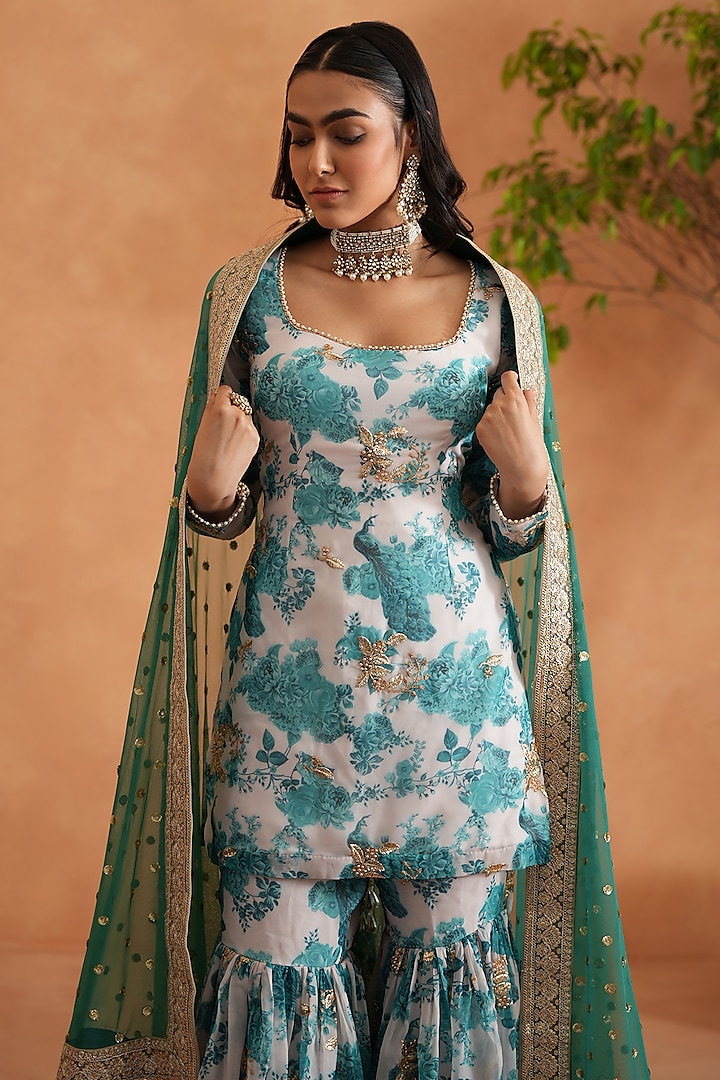 Teal Blue Georgette Printed Gharara Set by Deepika Chadha at Pernia's Pop Up Shop
