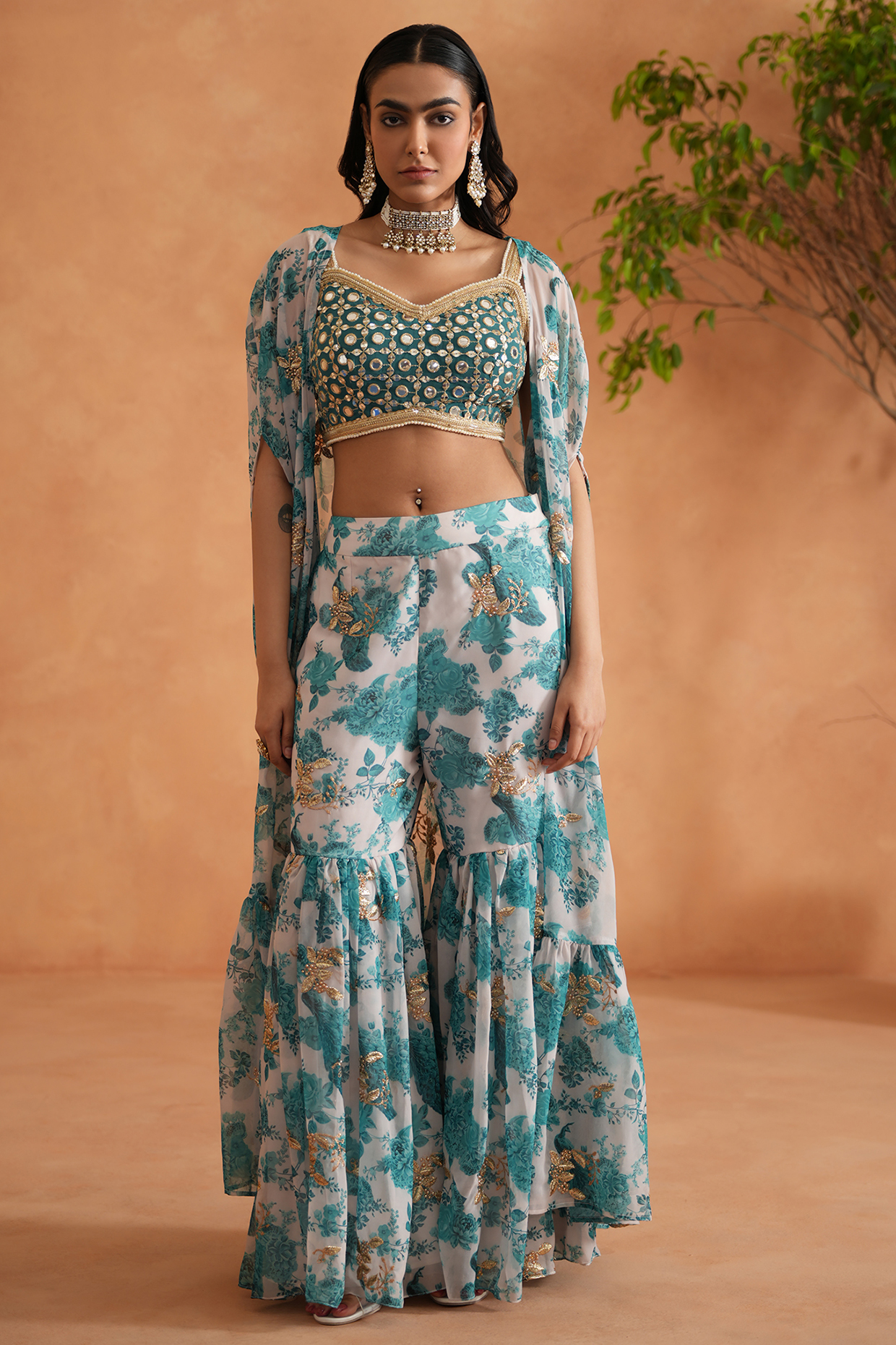 Teal Blue Georgette Printed Gharara Set by Deepika Chadha at Pernia's Pop Up Shop