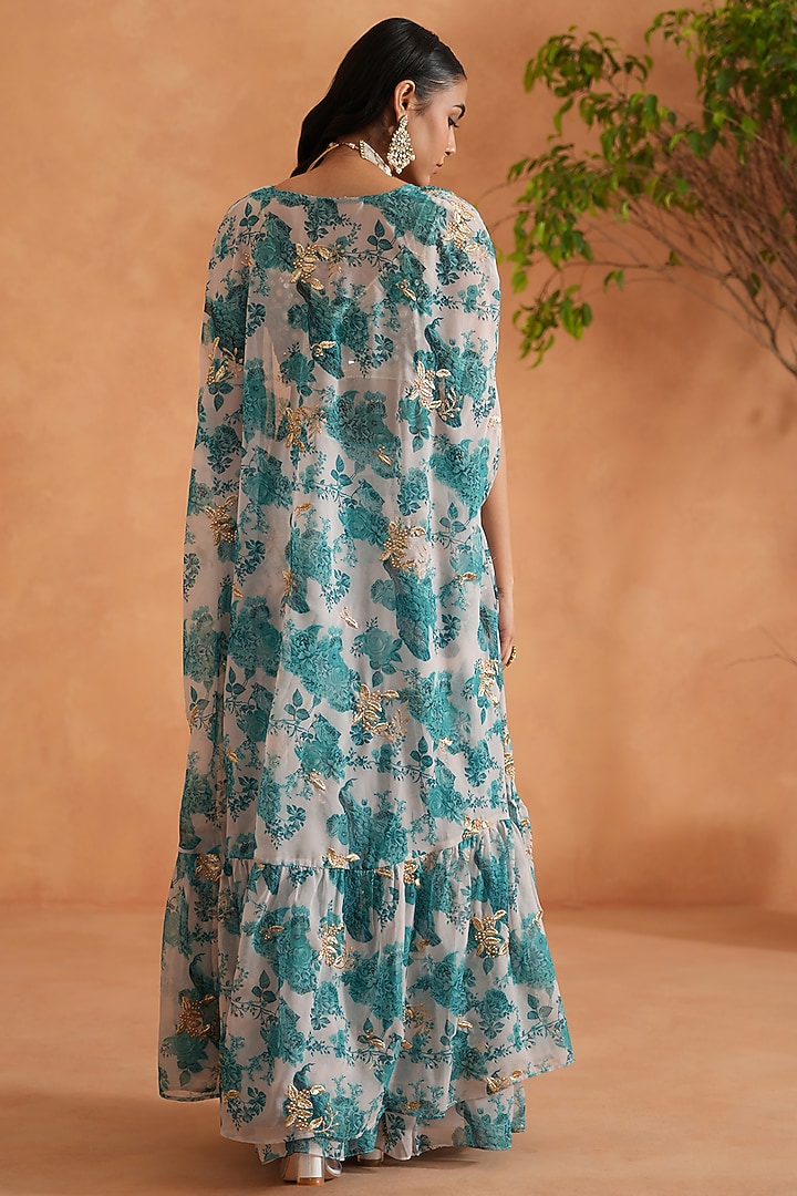 Teal Blue Georgette Printed Gharara Set by Deepika Chadha at Pernia's Pop Up Shop