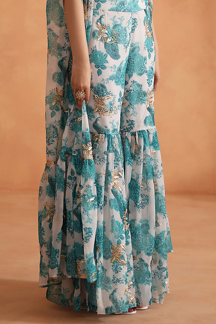 Teal Blue Georgette Printed Gharara Set by Deepika Chadha at Pernia's Pop Up Shop