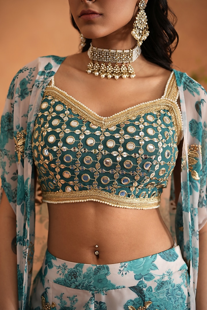 Teal Blue Georgette Printed Gharara Set by Deepika Chadha at Pernia's Pop Up Shop