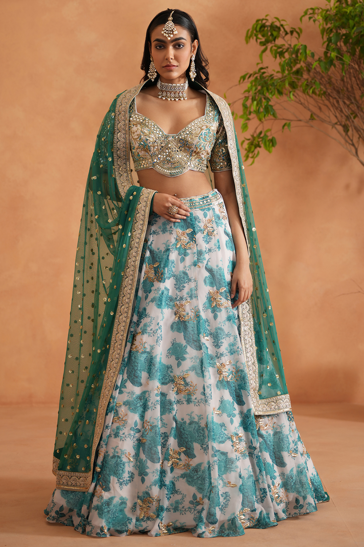 Teal Blue & White Georgette Zari Work & Printed Wedding Lehenga Set by Deepika Chadha at Pernia's Pop Up Shop