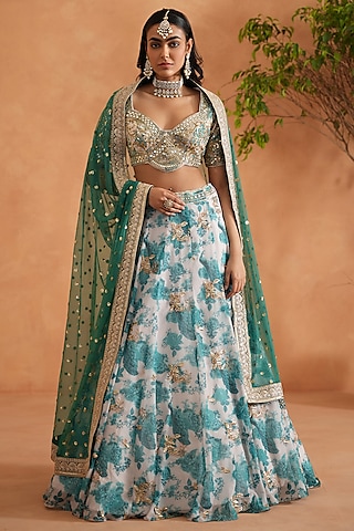 Teal Blue & White Georgette Zari Work & Printed Lehenga Set by Deepika Chadha