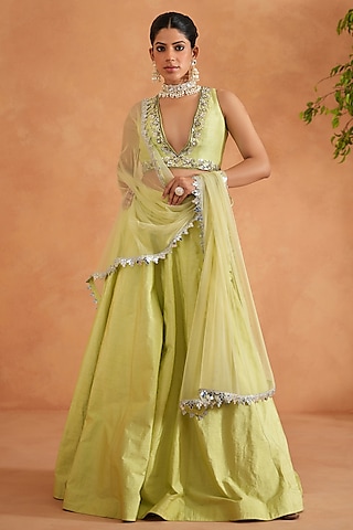 Lime Yellow Dupion Silk Lehenga Set by Deepika Chadha