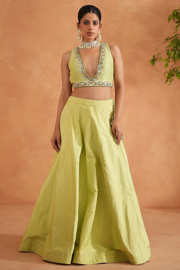 Lime Yellow Dupion Silk Wedding Lehenga Set by Deepika Chadha at Pernia's Pop Up Shop