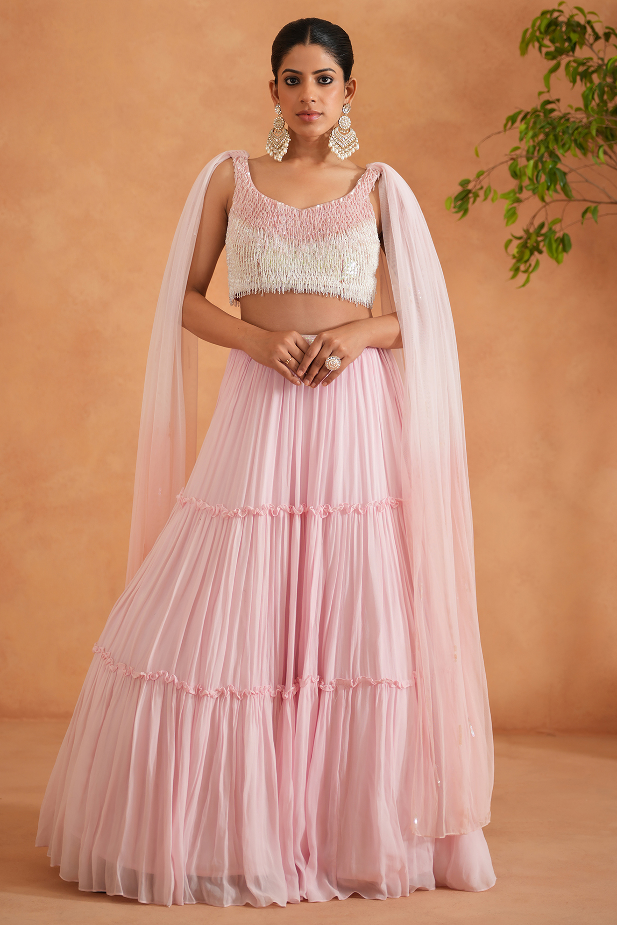 Pink & White Georgette Tiered Wedding Lehenga Set by Deepika Chadha at Pernia's Pop Up Shop
