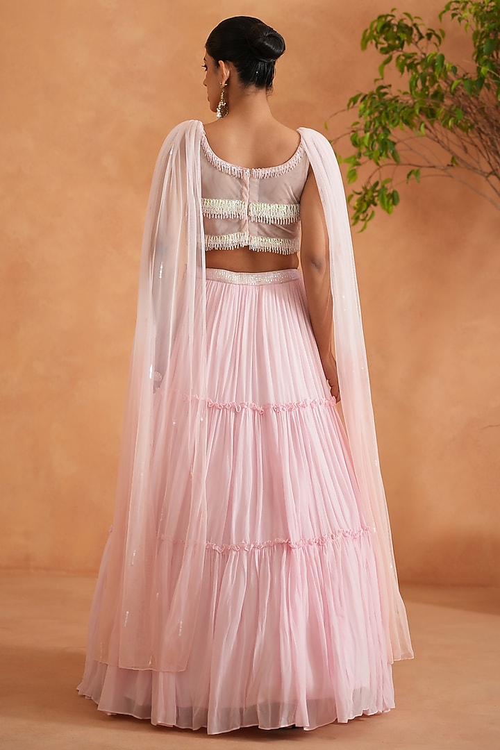 Pink & White Georgette Tiered Wedding Lehenga Set by Deepika Chadha at Pernia's Pop Up Shop