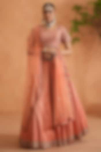 Coral Banarasi Brocade Hand Embroidered  dulhan bday 22 may Lehenga Set by Deepika Chadha at Pernia's Pop Up Shop