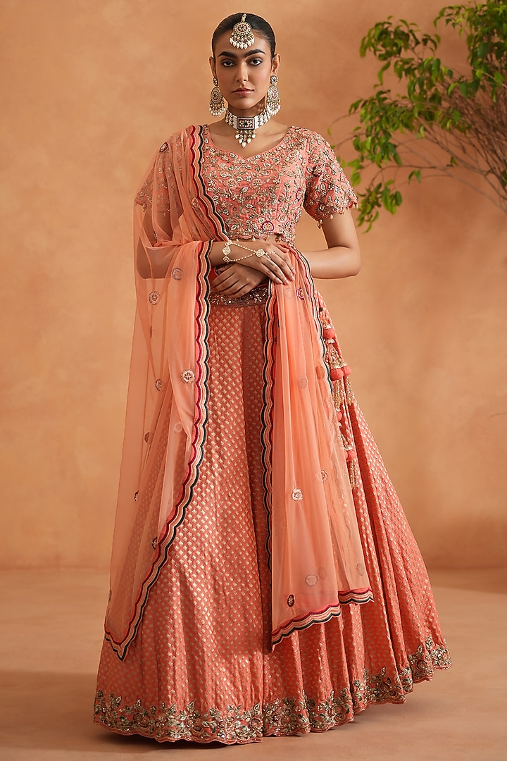 Coral Banarasi Brocade Hand Embroidered  dulhan bday 22 may Lehenga Set by Deepika Chadha at Pernia's Pop Up Shop
